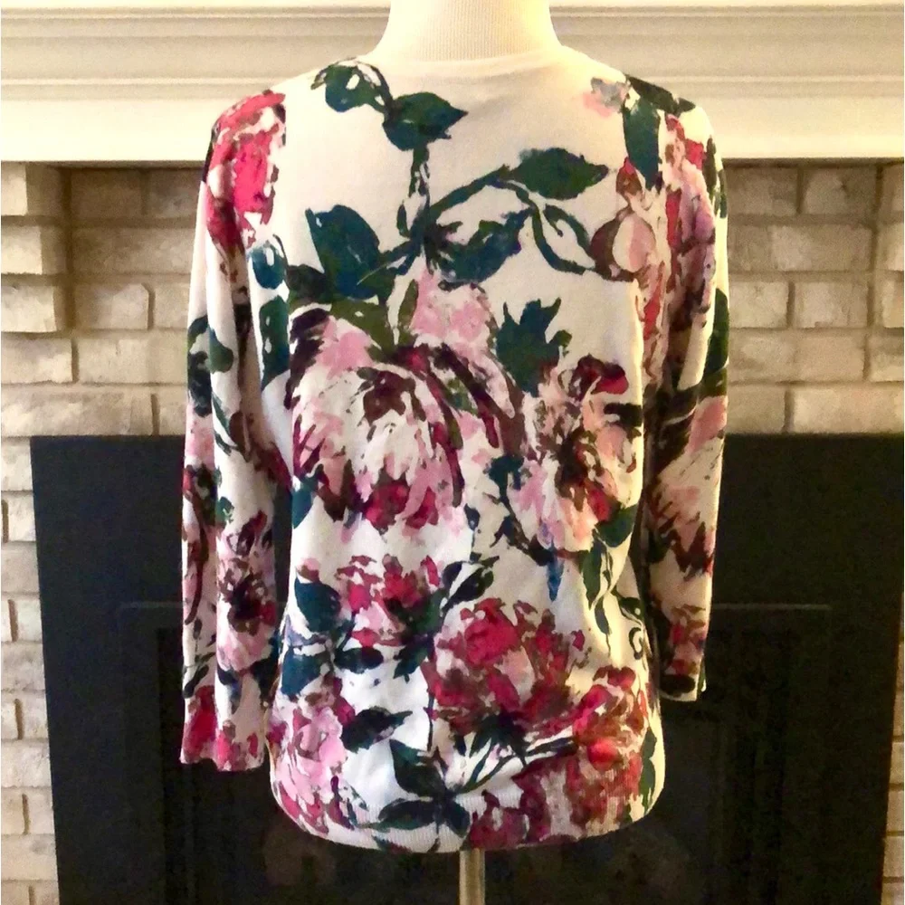 Joseph A White Pink Floral Button Front 3/4 Sleeve Cardigan size Medium